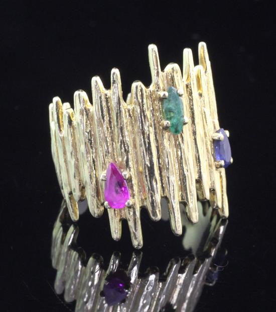 A stylish 1970s 18ct gold, ruby, emerald and sapphire ring,